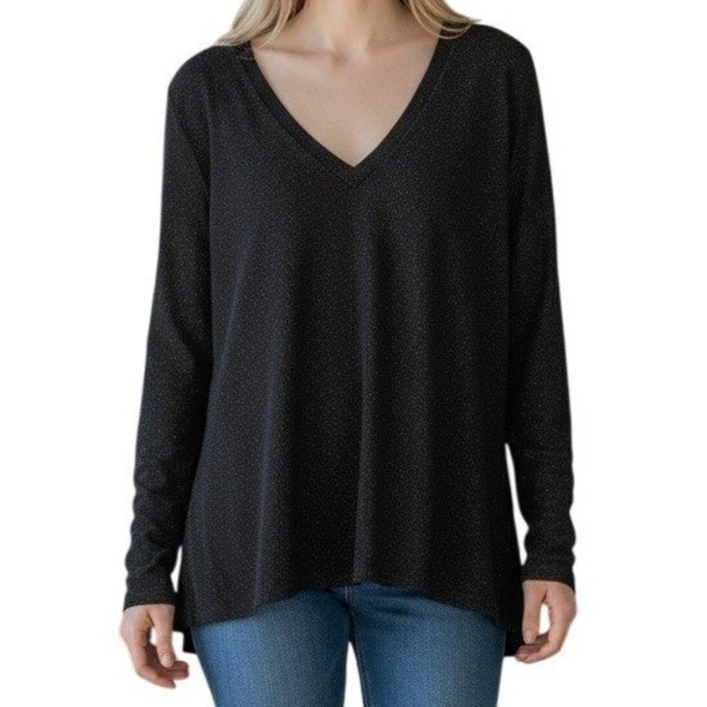 WHITE HOUSE BLACK MARKET Black Metallic L/S Sparkle Knit‎ V-Neck Top NWT Medium